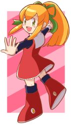 1girl absurdres blonde_hair blush_stickers dress emapippi green_eyes green_ribbon hair_ribbon highres long_hair mega_man_(series) open_mouth outstretched_arms ponytail red_dress red_footwear ribbon roll_(mega_man) sidelocks solo spread_arms