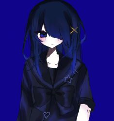 Rule 34 | 1girl, 4 (nn 1 zo), ame-chan (needy girl overdose), black bow, black hair, black shirt, blue background, blue eyes, bow, closed mouth, collared shirt, expressionless, hair ornament, hair over one eye, highres, long hair, looking at viewer, needy girl overdose, sailor collar, shirt, simple background, solo, sweatdrop, upper body, x hair ornament
