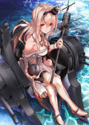 Rule 34 | 10s, 1girl, blonde hair, blue eyes, braid, breasts, carbon (geschutz), cleavage, collarbone, crown, dress, french braid, from above, full body, garter straps, globus cruciger, hairband, highres, jewelry, kantai collection, long hair, long sleeves, looking at viewer, machinery, medium breasts, mini crown, necklace, no bra, off-shoulder dress, off shoulder, scepter, sitting, solo, thighhighs, throne, turret, warspite (kancolle), white dress, white thighhighs