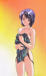 Rule 34 | 1980s (style), 1girl, artbook, bare shoulders, blue eyes, blue hair, board game, clothes pull, covering privates, highres, mahjong, matching hair/eyes, oldschool, one-piece swimsuit, one-piece swimsuit pull, retro artstyle, serizawa miki, short hair, showering, solo, strip game, strip mahjong, super real mahjong, swimsuit, tanaka ryou, towel, undressing, water, wet