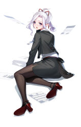 Rule 34 | 1girl, :o, anklet, arm support, ass, black footwear, black jacket, black pantyhose, black skirt, blush, business suit, closers, collared shirt, dress shirt, fallen down, formal, from side, furrowed brow, hair ribbon, high heels, highres, id card, jacket, jewelry, lanyard, levia (closers), long sleeves, looking at viewer, medium hair, miniskirt, no pupils, office lady, official art, pantyhose, paper, pencil skirt, pointy ears, ponytail, purple eyes, red ribbon, ribbon, shadow, shirt, shirt tucked in, side slit, skirt, solo, suit, suit jacket, sweat, turning head, white background, white hair, white shirt