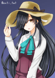 Rule 34 | 10s, 1girl, anti (untea9), black hair, brown eyes, commentary request, hair over one eye, hair ribbon, hand on headwear, hat, hayashimo (kancolle), highres, hime cut, kantai collection, long hair, long sleeves, looking at viewer, open mouth, ribbon, school uniform, solo, sun hat, twitter username, very long hair