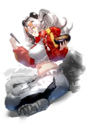 Rule 34 | 1girl, animal ears, arknights, black hair, bowl, chopsticks, crop top, cropped jacket, eyewear on head, feater (arknights), feater (gourmet) (arknights), food, full body, grey hair, highres, holding, holding bowl, holding chopsticks, jacket, licking lips, long sleeves, midriff, multicolored hair, navel, open clothes, open jacket, orange-tinted eyewear, orange eyes, pants, puffy long sleeves, puffy sleeves, red jacket, round eyewear, shadow, shirt, simple background, sitting, solo, streaked hair, sunglasses, tail, tinted eyewear, tongue, tongue out, twintails, white background, white pants, white shirt, yacchi (yxxrem)