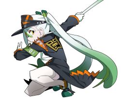 Rule 34 | 1girl, armband, black coat, closed mouth, coat, creatures (company), fighting miku (project voltage), from side, game freak, gloves, gradient hair, green armband, green hair, grey hair, hair between eyes, hat, hatsune miku, highres, holding, long hair, long sleeves, multicolored hair, necktie, nintendo, on one knee, pokemon, profile, project voltage, safety pin, shoes, simple background, solo, spring onion, thighhighs, twintails, very long hair, visor cap, vocaloid, white background, white gloves, white hair, white necktie, white thighhighs, yachima tana