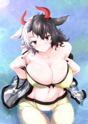 Rule 34 | 1girl, absurdres, animal ears, animal print, bare shoulders, black hair, blush, breasts, cleavage, collarbone, commentary request, covered erect nipples, cow ears, cow horns, cow print, cowboy shot, g (genesis1556), groin, hair between eyes, haori, head tilt, highres, horns, huge breasts, japanese clothes, lens flare, long sleeves, looking at viewer, multicolored hair, navel, off shoulder, pants, parted lips, red eyes, short hair, silver hair, sitting, solo, split-color hair, sports bra, stomach, thighs, touhou, two-tone hair, ushizaki urumi, water, wide sleeves, yellow pants