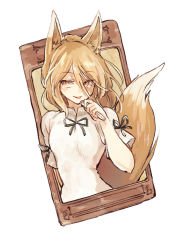 Rule 34 | 1girl, animal ears, blonde hair, fox ears, fox tail, green neckwear, hand up, hisona (suaritesumi), jumpsuit, kudamaki tsukasa, open mouth, short hair, short sleeves, simple background, solo, tail, touhou, unconnected marketeers, white background, white jumpsuit, white sleeves, yellow eyes