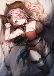 Rule 34 | 1girl, asymmetrical gloves, asymmetrical legwear, black gloves, black thighhighs, blue eyes, breasts, butterfly hair ornament, cleavage, draph, dress, elbow gloves, genyaky, gloves, granblue fantasy, hair ornament, hair over one eye, highres, horns, large breasts, long hair, lying, mismatched legwear, narmaya (granblue fantasy), on back, open mouth, pointy ears, red dress, signature, single elbow glove, sleeveless, sleeveless dress, solo, thighhighs, uneven gloves, white thighhighs