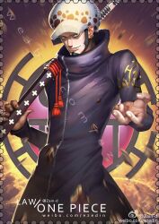 Rule 34 | 1boy, artist name, black hair, character name, closed mouth, commentary request, earrings, facial hair, fur hat, goatee, hat, highres, holding, holding sword, holding weapon, jewelry, looking at viewer, male focus, one piece, short hair, sideburns, smile, solo, standing, sword, trafalgar law, watermark, weapon, web address, weibo logo, weibo watermark, zhang ding