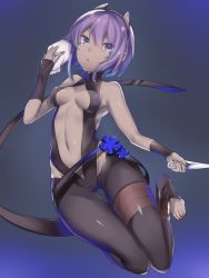 Rule 34 | 1girl, :o, bare shoulders, barefoot, black background, black hairband, breasts, cameltoe, center opening, dark-skinned female, dark skin, fate/grand order, fate/prototype, fate/prototype: fragments of blue and silver, fate (series), full body, furumiya neko, gluteal fold, hairband, hassan of serenity (fate), highres, kunai, looking at viewer, mask, unworn mask, medium breasts, purple eyes, purple hair, short hair, simple background, skull mask, solo, weapon
