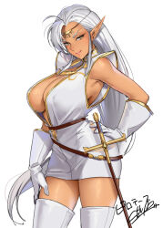 Rule 34 | 1girl, armpits, breasts, circlet, cleavage, covered erect nipples, dark-skinned female, dark elf, dark skin, elf, gloves, large breasts, long hair, long pointy ears, looking at viewer, masami chie, pirotess, pointy ears, record of lodoss war, simple background, solo, sword, weapon, white background, white hair
