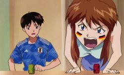 Rule 34 | 1boy, 1girl, 2022 fifa world cup, angry, artist request, ball, black hair, blue eyes, breasts, brown hair, casual, defeat, desk, german flag, german text, germany, ikari shinji, long hair, looking at viewer, medium breasts, neon genesis evangelion, open mouth, playing sports, real life, screencap, short hair, short shorts, shorts, soccer, soccer uniform, souryuu asuka langley, sportswear, standing, tears, third-party edit, translation request, victory pose, world cup