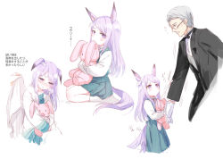 Rule 34 | 1boy, 1girl, age difference, animal ears, blush, breath, butler, child, hugging doll, facial hair, glasses, grey hair, horse ears, horse girl, horse tail, light purple hair, long hair, mejiro mcqueen (umamusume), multiple views, mustache, no shoes, hugging object, old, old man, purple eyes, romi (346 ura), simple background, socks, stuffed animal, stuffed rabbit, stuffed toy, tail, translation request, umamusume, white background, aged down