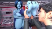 Rule 34 | 2girls, 3d, animated, ankle grab, blue hair, blue skin, colored skin, cortana, feet, foot focus, foot lick, foot up, foot worship, highres, indoors, interior, licking, licking foot, mind control, multiple girls, necdaz91, pussy, sitting, slave, spread toes, toes, uncensored, wrinkled skin, yuri