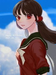 Rule 34 | 1girl, blunt bangs, blush, breasts, brown hair, commentary request, danganronpa (series), danganronpa v3: killing harmony, day, earrings, from side, gift art, hair ornament, happy birthday, harukawa maki, highres, jewelry, long hair, long sleeves, looking at viewer, low twintails, medium breasts, mole, mole under eye, niwatori panda, outdoors, parted lips, red eyes, red scrunchie, red shirt, sailor collar, school uniform, scrunchie, shirt, solo, teeth, twintails, upper body