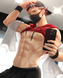 Rule 34 | 1boy, abs, arm tattoo, backwards hat, bandaid, bandaids on nipples, bara, bare pectorals, baseball cap, black shorts, blue eyes, brown hair, clothes lift, covered erect nipples, dan (mondi hl), earrings, hand on own head, hat, highres, holding, holding phone, hood, hood down, hoodie, hoodie lift, jewelry, large pectorals, male focus, mask, mondi hl, mouth mask, muscular, muscular male, navel, original, pasties, pectorals, phone, red hoodie, short hair, shorts, sleeveless, sleeveless hoodie, solo, tattoo, towel, towel on arm, twitter username, wristband