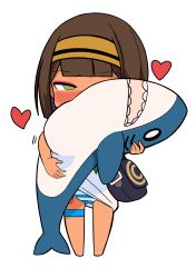 Rule 34 | 1girl, absurdres, bad id, bad twitter id, bag, barefoot, blush, brown hair, brown hairband, chibi, commentary request, dress, full body, gluteal fold, green eyes, hairband, heart, highres, hugging object, ikea shark, inactive account, looking at viewer, original, panties, short hair, shoulder bag, simple background, solo, standing, striped clothes, striped panties, stuffed animal, stuffed shark, stuffed toy, surio, thigh strap, underwear, white background, white dress