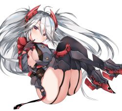 Rule 34 | 1girl, antenna hair, azur lane, black thighhighs, blush, breasts, brown eyes, dress, finger to mouth, garter straps, gloves, headgear, highres, long hair, long sleeves, looking at viewer, medium breasts, mole, mole on breast, multicolored hair, mutou mame, no bra, prinz eugen (azur lane), sideboob, silver hair, simple background, sitting, solo, streaked hair, swept bangs, thighhighs, two side up, very long hair, white background
