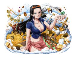 Rule 34 | 1girl, arm support, bird, black hair, blue eyes, blue jacket, bodskih, breasts, cleavage, collarbone, eyewear on head, gem, gold, groin, jacket, large breasts, leather vest, long hair, midriff, navel, nico robin, one piece, one piece treasure cruise, partially unzipped, pectorals, sarong, shiny skin, short sleeves, sitting, smile, solo, stomach, sunglasses, transparent background, treasure, zipper
