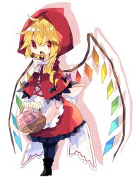 Rule 34 | 1girl, apron, back bow, basket, black bow, black footwear, black legwear, blonde hair, boots, bow, capelet, commentary request, cosplay, crystal, drop shadow, fangs, flandre scarlet, frilled skirt, frills, full body, highres, holding, holding basket, little red riding hood, little red riding hood (grimm), little red riding hood (grimm) (cosplay), long hair, long sleeves, nikorashi-ka, open mouth, red eyes, red hood, red skirt, side ponytail, skirt, solo, touhou, white background, white bow, wings