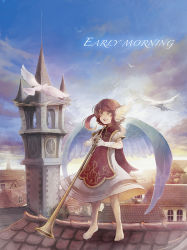 Rule 34 | 1girl, :d, arinko (ta.n.ra.ra), bad id, bad pixiv id, barefoot, bird, brown eyes, brown hair, building, clock, clock tower, dove, dress, gloves, head wings, holding, instrument, open mouth, original, rooftop, short hair, sidelocks, sky, smile, solo, standing, tower, town, trumpet, twintails, white gloves, wings