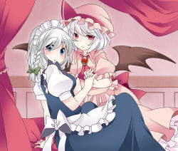 Rule 34 | 2girls, apron, bad id, bad pixiv id, bat wings, bed, blue eyes, blush, bow, braid, canopy bed, commentary request, female focus, hair bow, hammer (sunset beach), holding hands, interlocked fingers, izayoi sakuya, looking at viewer, maid, maid apron, maid headdress, multiple girls, red eyes, remilia scarlet, silver hair, touhou, twin braids, waist apron, wings