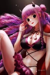 Rule 34 | 1girl, alternate costume, ass, beast pirates uniform, bikini, black eyes, breasts, cleavage, curvy, drill hair, female focus, highres, large breasts, long hair, looking at viewer, one piece, oregano551, perona, pink hair, revealing clothes, shiny skin, sitting, smile, string bikini, swimsuit, text focus, thick thighs, thighs, thong, thong bikini, twitter username, very long hair, wide hips