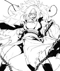 Rule 34 | :d, absurdres, baiken, big hair, bike shorts, breasts, breasts apart, bruise, bruise on face, crazy eyes, crazy smile, eyepatch, gogalking, greyscale, guilty gear, highres, injury, japanese clothes, katana, kimono, large breasts, lineart, long hair, mace, monochrome, obi, one eye covered, open mouth, sash, scabbard, sheath, sheathed, simple background, smile, socks, solo, spiked mace, spikes, standing, sword, torn clothes, weapon, white background