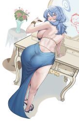 Rule 34 | 1girl, absurdres, ako (blue archive), ako (dress) (blue archive), ass, backless dress, backless outfit, blue archive, blue dress, blue hair, blue halo, breasts, cosmetics, cuffs, doodle sensei (blue archive), dress, from behind, full body, hairband, halo, handcuffs, highres, holding, holding lipstick tube, large breasts, leaning on table, licking lips, lipstick, lipstick tube, liuli xiao, looking at viewer, looking back, makeup, mirror, official alternate costume, reflection, sensei (blue archive), side slit, sideboob, sideless dress, sideless outfit, sleeveless, sleeveless dress, smile, standing, tongue, tongue out, vase