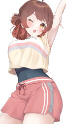 Rule 34 | 1girl, ;o, absurdres, arms up, blush, breasts, brown hair, cropped shirt, fingernails, gakuen idolmaster, hair bun, hanami ume, highres, holding own arm, idolmaster, large breasts, looking at viewer, one eye closed, red shorts, shorts, simple background, single side bun, solo, ura (hamburg oniku), white background