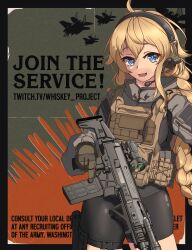 Rule 34 | 1girl, absurdres, ahoge, aircraft, airplane, bike shorts, black shorts, blonde hair, blue eyes, braid, ear protection, english text, f-15 eagle, fighter jet, gloves, gun, hair between eyes, headset, highres, holding, holding gun, holding weapon, indie virtual youtuber, jet, load bearing vest, long hair, looking at viewer, military vehicle, open mouth, bulletproof vest, shorts, smile, snafu (snafy snu), tactical clothes, twitch username, virtual youtuber, weapon, whiskey project