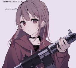 Rule 34 | 1girl, black choker, black nails, blush, brown eyes, brown hair, brown hoodie, brown nails, choker, closed mouth, collarbone, commentary request, ear piercing, earrings, eyebrows hidden by hair, gun, hand up, highres, holding, holding gun, holding weapon, hood, hood down, hoodie, jewelry, lace trim, long hair, long sleeves, looking at viewer, multicolored hair, multicolored nails, nail polish, original, piercing, purple background, red hair, simple background, sleeves past wrists, smile, solo, streaked hair, translation request, tsuruse, twitter username, upper body, weapon, weapon request
