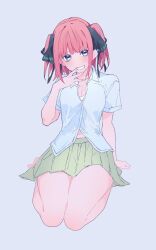Rule 34 | 1girl, arm support, bare legs, barefoot, black ribbon, blue eyes, blunt bangs, blush, breasts, butterfly hair ornament, cleavage, commentary request, dress shirt, eyebrows hidden by hair, full body, go-toubun no hanayome, green skirt, hair ornament, hair ribbon, hand up, head tilt, highres, hot, large breasts, light blue background, looking at viewer, medium hair, miniskirt, nakano nino, navel, open mouth, pleated skirt, red hair, ribbon, school uniform, shirt, short sleeves, simple background, sitting, skirt, smile, smug, solo, straight-on, straight hair, thighs, two side up, v-shaped eyebrows, valentine (02140314c), wariza, white shirt