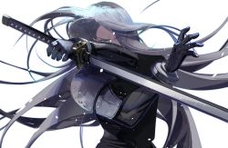 Rule 34 | 1boy, armor, black gloves, black jacket, cofffee, final fantasy, final fantasy vii, final fantasy vii remake, gloves, green eyes, holding, holding weapon, jacket, long hair, masamune (ff7), sephiroth, shoulder armor, silver hair, solo, square enix, straight hair, wavy hair, weapon, white background