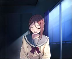 Rule 34 | 1girl, artist name, artist request, blue curtains, blush, bow, bowtie, breasts, brown hair, buttons, collarbone, collared shirt, curtains, closed eyes, female focus, grey sailor collar, hair between eyes, hair ornament, hairclip, highres, long hair, long sleeves, looking at viewer, love live!, love live! sunshine!!, parted lips, red bow, red hair, sailor collar, sakurauchi riko, school uniform, shirt, small breasts, smile, solo, upper body, uranohoshi school uniform, white shirt, window