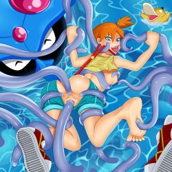 Rule 34 | 1girl, anal, anus, ass, barefoot, blue eyes, blue shorts, breasts, clothes lift, creatures (company), crop top, double penetration, feet, from behind, game freak, gen 1 pokemon, hair tie, happy sex, heart, heart-shaped pupils, highres, looking back, misty (pokemon), multiple penetration, nintendo, nipples, orange hair, pokemon, pokemon (anime), pokemon (creature), pokemon rgby, psyduck, pussy, red footwear, scorchingnova, shirt, shirt lift, shoes, short hair, short shorts, shorts, side ponytail, single shoe, sleeveless, sleeveless shirt, small breasts, soles, suspenders, symbol-shaped pupils, tentacle sex, tentacles, tentacruel, toes, tongue, uncensored, vaginal, water, yellow shirt