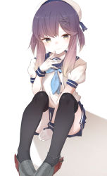 Rule 34 | 1girl, between legs, black thighhighs, blue neckerchief, blue ribbon, blue skirt, buttons, convenient arm, covering crotch, covering privates, finger to own chin, full body, gloves, gradient hair, grey footwear, hair ornament, hairclip, hand between legs, hat, highres, kanae (inorin05kanae), kantai collection, looking at viewer, multicolored hair, neckerchief, pleated skirt, puffy short sleeves, puffy sleeves, purple eyes, purple hair, ribbon, sailor hat, school uniform, serafuku, short hair, short sleeves, sidelocks, simple background, sitting, skirt, smile, solo, thighhighs, tsushima (kancolle), white background, white gloves