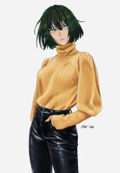 Rule 34 | 1girl, artist name, black pants, dark green hair, fubuki (one-punch man), green eyes, grey background, hand in pocket, highres, koihorkka, leather, leather pants, long sleeves, one-punch man, open mouth, pants, ribbed sweater, short hair, signature, simple background, solo, standing, sweater, turtleneck, turtleneck sweater, yellow sweater