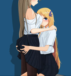 Rule 34 | absurdres, ass grab, black legwear, blonde hair, blue background, blue eyes, blue skirt, blush, breasts, brown hair, commentary, dress shirt, fffteam, hands on another&#039;s shoulders, head out of frame, highres, lexington (warship girls r), long hair, looking at viewer, pantyhose, saratoga (warship girls r), shadow, shirt, sideboob, skirt, standing, warship girls r, yuri