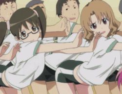 Rule 34 | 00s, 2girls, 4boys, animated, animated gif, arched back, bike shorts, black-framed eyewear, breasts, brown eyes, brown hair, cowboy shot, dancing, glasses, grey hair, gym uniform, leaning forward, looking at viewer, lowres, midriff peek, momioka risa, multiple boys, multiple girls, open mouth, outstretched arms, parted bangs, raised eyebrows, sawada mio, screencap, semi-rimless eyewear, shirt, short hair, short sleeves, short twintails, side slit, single vertical stripe, small breasts, to love-ru, twintails, under-rim eyewear, wavy hair