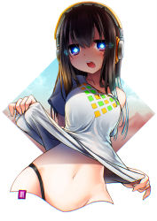 Rule 34 | 1girl, :o, absurdres, black panties, blue eyes, blush, breasts, brown hair, chromatic aberration, clothes lift, groin, headphones, highleg, highleg panties, highres, kuromaru9, lifted by self, long hair, looking at viewer, madeon, midriff, navel, off shoulder, original, panties, personification, shaded face, shirt, shirt lift, short sleeves, solo, symbol-shaped pupils, t-shirt, underwear, upper body