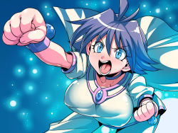 Rule 34 | 1girl, amelia wil tesla seyruun, antenna hair, arm up, blue eyes, blush, breasts, cape, choker, fighting stance, gradient background, highres, large breasts, leaning forward, legs, light blush, looking at viewer, open mouth, purple hair, short hair, simple background, slayers, solo, thighs, tukiwani