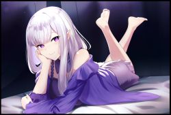 Rule 34 | 1girl, absurdres, bare shoulders, barefoot, blurry, blush, camisole, closed mouth, depth of field, emilia (re:zero), foreshortening, frilled camisole, frilled straps, frills, full body, grey hair, head rest, highres, jellen aura, looking at viewer, loungewear, lying, on bed, on stomach, pajamas, pointy ears, purple eyes, re:zero kara hajimeru isekai seikatsu, smile, solo