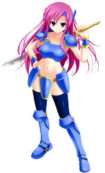 Rule 34 | 1990s (style), 1girl, armor, blue eyes, boots, breasts, faris scherwiz, female focus, final fantasy, final fantasy v, full body, headdress, knight, long hair, midriff, purple hair, retro artstyle, shoulder pads, simple background, solo, sword, thighhighs, uchouten, weapon, wristband