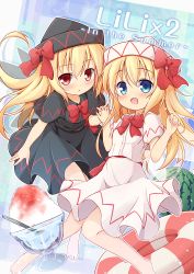 Rule 34 | 2girls, baku-p, barefoot, black dress, blonde hair, blue eyes, bow, capelet, dress, dual persona, fairy wings, food, fruit, hat, hat bow, holding hands, innertube, interlocked fingers, lily black, lily white, long hair, looking at viewer, multiple girls, open mouth, red eyes, shaved ice, short sleeves, smile, swim ring, touhou, very long hair, watermelon, white dress, wings
