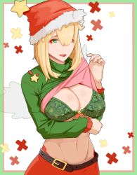 Rule 34 | 1girl, belt, blonde hair, border, bow, bow bra, bra, breasts, christmas, cleavage, clothes lift, commentary, english commentary, eyeshadow, fingernails, fur trim, green border, green bra, green eyes, green sweater, hair over one eye, hat, highres, icti (materclaws), lamia, large breasts, lifted by self, lipstick, long sleeves, looking at viewer, makeup, materclaws, medium hair, monster girl, original, parted lips, red lips, santa hat, smile, solo, star (symbol), sweater, sweater lift, underwear, upper body