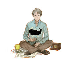 Rule 34 | 1boy, ashtray, blue shirt, brown pants, cigarette, collared shirt, cup, full body, grey hair, indian style, long sleeves, looking at viewer, male focus, mug, original, pants, paper, radio, shirt, shoes, short hair, simple background, sitting, solo, star (symbol), toi8, whale, white background