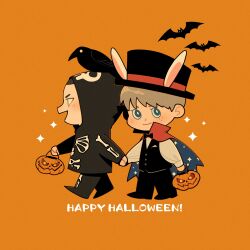 Rule 34 | 2boys, absurdres, adam parrish, animal, animal on head, bat (animal), bird, black hair, blonde hair, blush, buzz cut, cape, catbishonen, chainsaw (the raven cycle), chibi, couple, crow, english text, freckles, full body, halloween, halloween costume, happy halloween, highres, holding hands, looking at viewer, male focus, multiple boys, on head, orange background, ronan lynch, short hair, simple background, smile, sparkling aura, the raven cycle, very short hair, yaoi