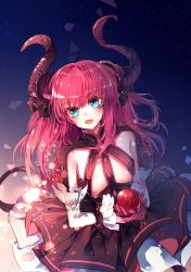 Rule 34 | 10s, 1girl, apple, asymmetrical horns, bad id, bad pixiv id, baocaizi, blue eyes, blush, breasts, detached sleeves, dragon tail, dress, elizabeth bathory (fate), elizabeth bathory (fate/extra ccc), elizabeth bathory (first ascension) (fate), fang, fate/extra, fate/extra ccc, fate (series), food, fruit, highres, horns, long hair, looking at viewer, open mouth, pink hair, small breasts, solo, tail, two side up, uneven horns