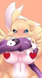 Rule 34 | 1girl, animal ears, black sclera, blue eyes, blush, breasts, bridal gauntlets, censored, censored nipples, closed mouth, colored sclera, digimon, digimon (creature), embarrassed, emoji, emoji censor, female focus, fox tail, furry, furry female, gloves, groin, hand up, heart, heart censor, himamushi nyuudou, jpeg artifacts, large breasts, lifting own clothes, looking away, looking to the side, navel, nose blush, nude, orange background, out-of-frame censoring, puffy nipples, purple gloves, renamon, shiny clothes, shiny skin, simple background, solo, standing, stomach, tail, twitter sticker, upper body, wavy mouth, wide hips, yin yang