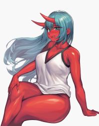 Rule 34 | 1girl, arm support, blue eyes, blue hair, bottomless, breasts, cinko, cleavage, closed mouth, collarbone, colored skin, commentary request, crossed legs, fingernails, floating hair, hand on own knee, horns, large breasts, long hair, looking at viewer, monster girl, oni, oni horns, original, red skin, shirt, simple background, sitting, smile, solo, thighs, white background, white shirt